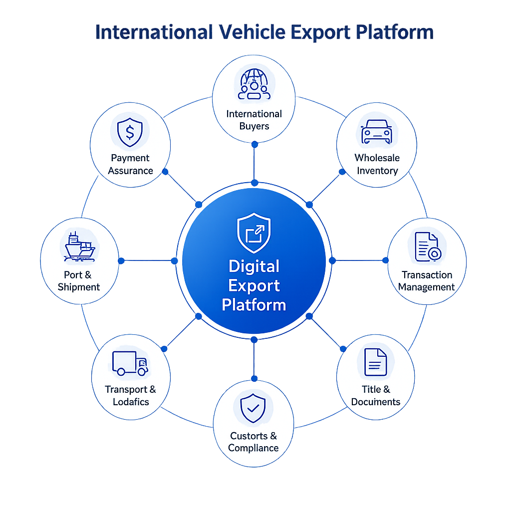 Diagram showing a digital export platform connected to international buyers, wholesale inventory, transaction management, title documents, customs compliance, logistics, shipment, and payment assurance.